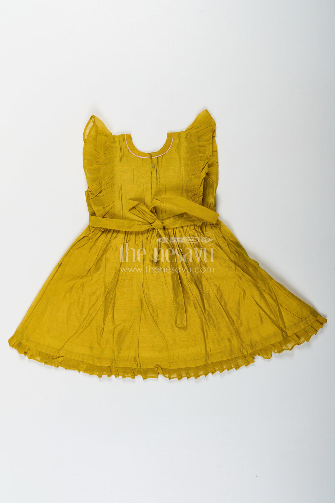 The Nesavu Girls Chanderi Frock Girls Chanderi Daily Wear Frocks in Olive Green with Pleated Sleeves and Floral Embroidery Accents Nesavu Girls Daily Wear Frocks Olive Green Chanderi Pleated Sleeves Floral Embroidery | The Nesavu