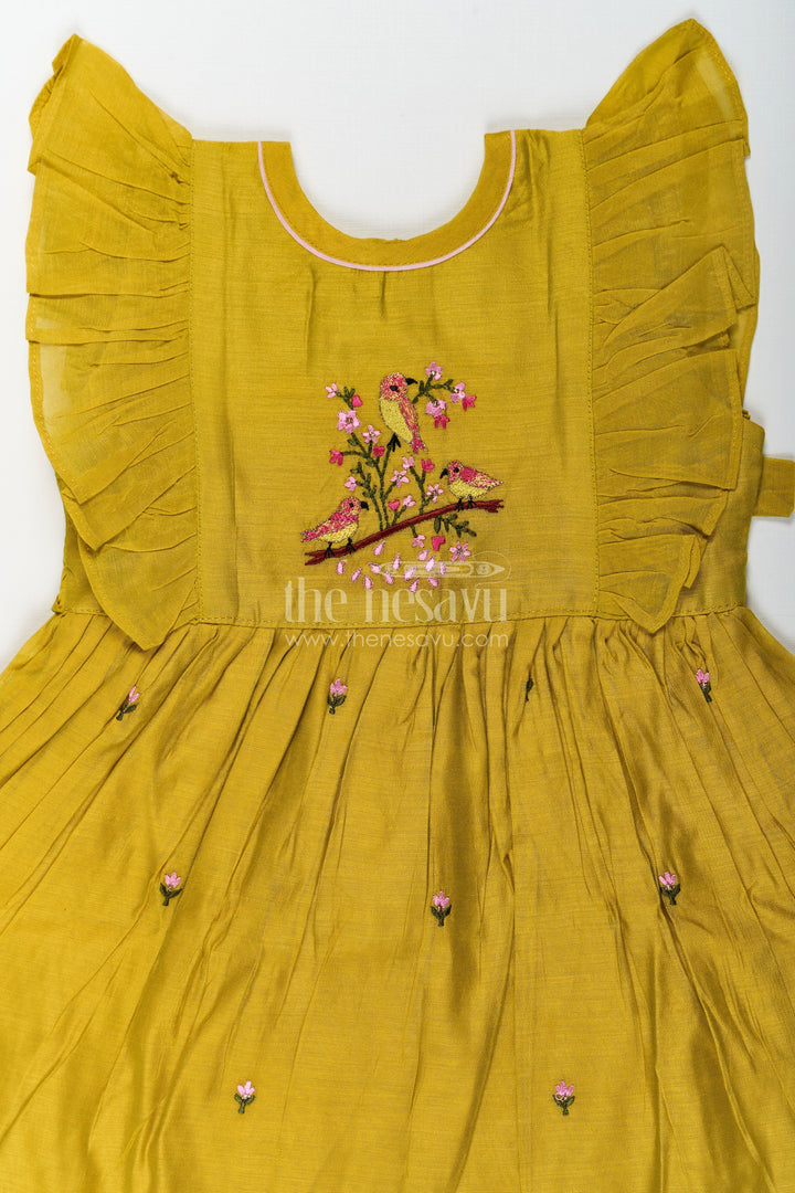 The Nesavu Girls Chanderi Frock Girls Chanderi Daily Wear Frocks in Olive Green with Pleated Sleeves and Floral Embroidery Accents Nesavu Girls Daily Wear Frocks Olive Green Chanderi Pleated Sleeves Floral Embroidery | The Nesavu