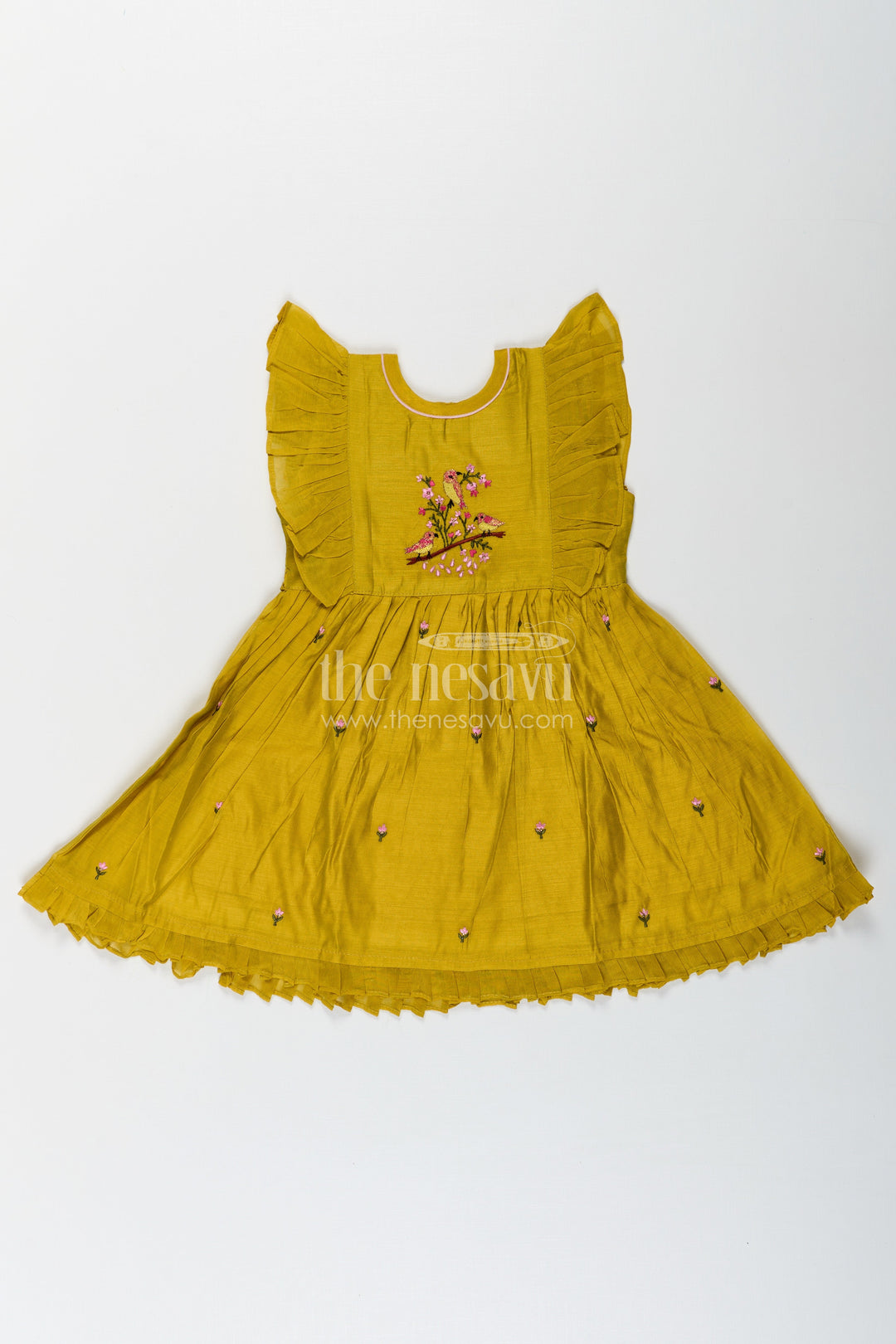 The Nesavu Girls Chanderi Frock Girls Chanderi Daily Wear Frocks in Olive Green with Pleated Sleeves and Floral Embroidery Accents Nesavu Girls Daily Wear Frocks Olive Green Chanderi Pleated Sleeves Floral Embroidery | The Nesavu