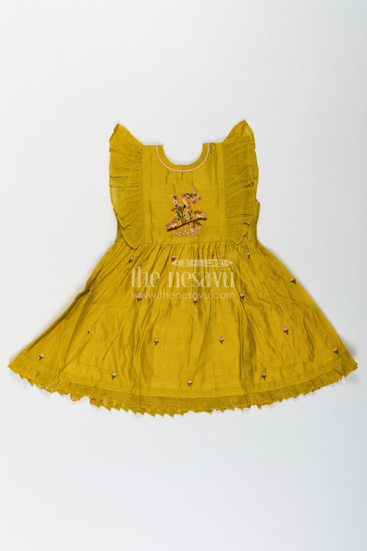 The Nesavu Girls Chanderi Frock Girls Chanderi Daily Wear Frocks in Olive Green with Pleated Sleeves and Floral Embroidery Accents Nesavu Girls Daily Wear Frocks Olive Green Chanderi Pleated Sleeves Floral Embroidery | The Nesavu