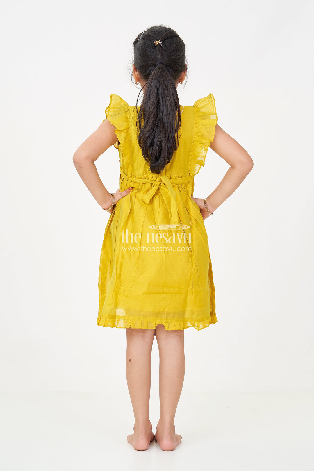 The Nesavu Girls Chanderi Frock Girls Chanderi Daily Wear Frocks in Olive Green with Pleated Sleeves and Floral Embroidery Accents Nesavu Girls Daily Wear Frocks Olive Green Chanderi Pleated Sleeves Floral Embroidery | The Nesavu