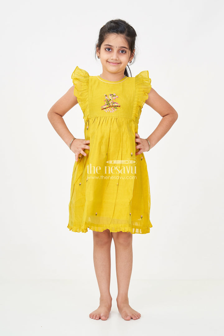 The Nesavu Girls Chanderi Frock Girls Chanderi Daily Wear Frocks in Olive Green with Pleated Sleeves and Floral Embroidery Accents Nesavu Girls Daily Wear Frocks Olive Green Chanderi Pleated Sleeves Floral Embroidery | The Nesavu