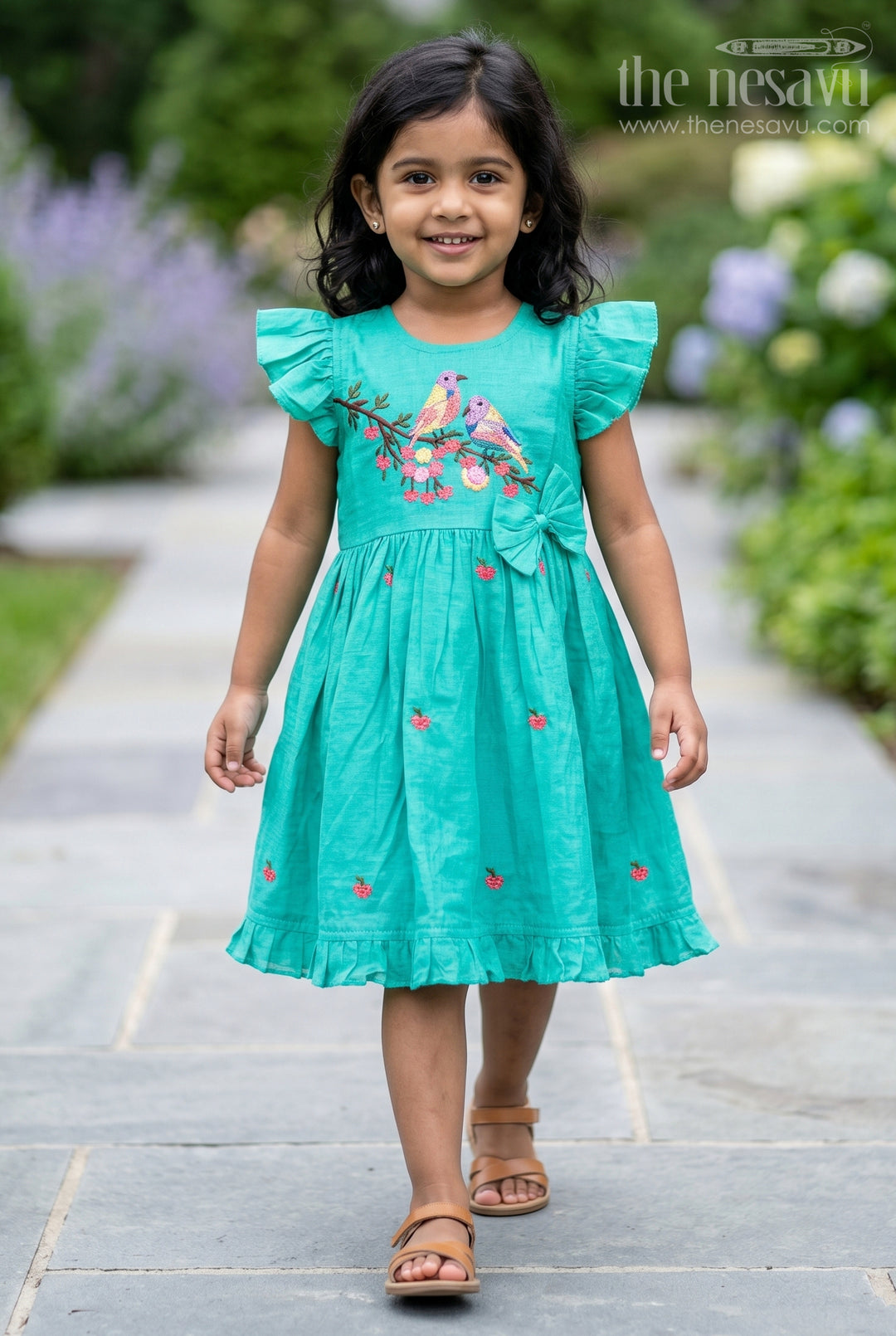 The Nesavu Girls Chanderi Frock Girls Chanderi Frock for Birthdays and Festive Celebrations Nesavu 16 (1Y) / Green / Chanderi GFC2254A-16 Nesavu Girls Chanderi Cotton Frock With Thread Embroidery For Birthdays And Festive Occasions