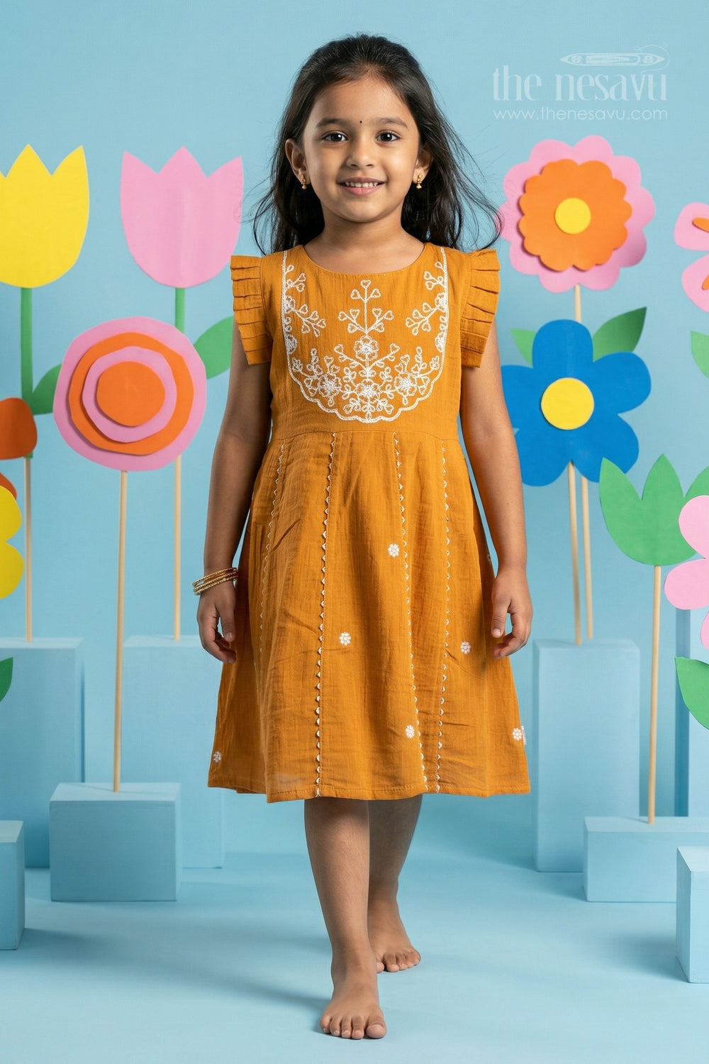 The Nesavu Girls Chanderi Frock Girls Chanderi Frock for Festive Gatherings and Traditional Celebrations Nesavu Nesavu Girls Chanderi Cotton Embroidered Frock For Festive Gatherings And Traditional Events