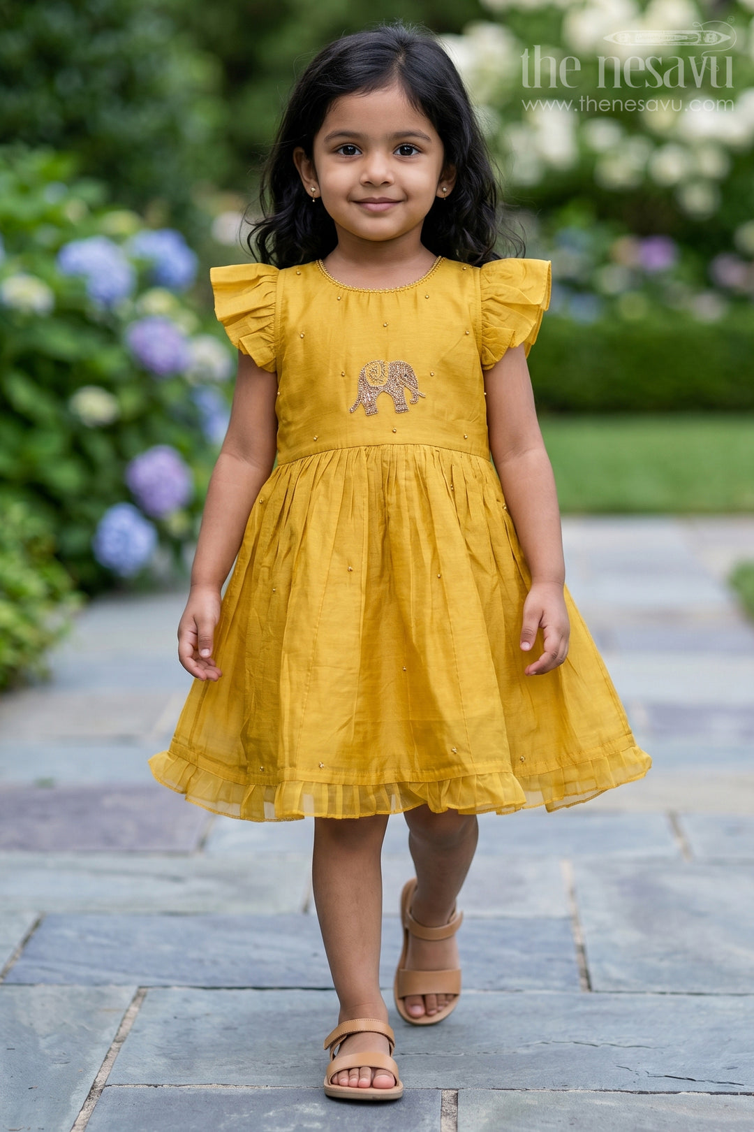 The Nesavu Girls Chanderi Frock Girls Chanderi Frock for Festive Occasions and Functions Nesavu 16 (1Y) / Yellow / Chanderi GFC2237A-16 Nesavu Girls Chanderi Frock With Embroidery For Festive Occasions Sleeveless Ethnic Wear
