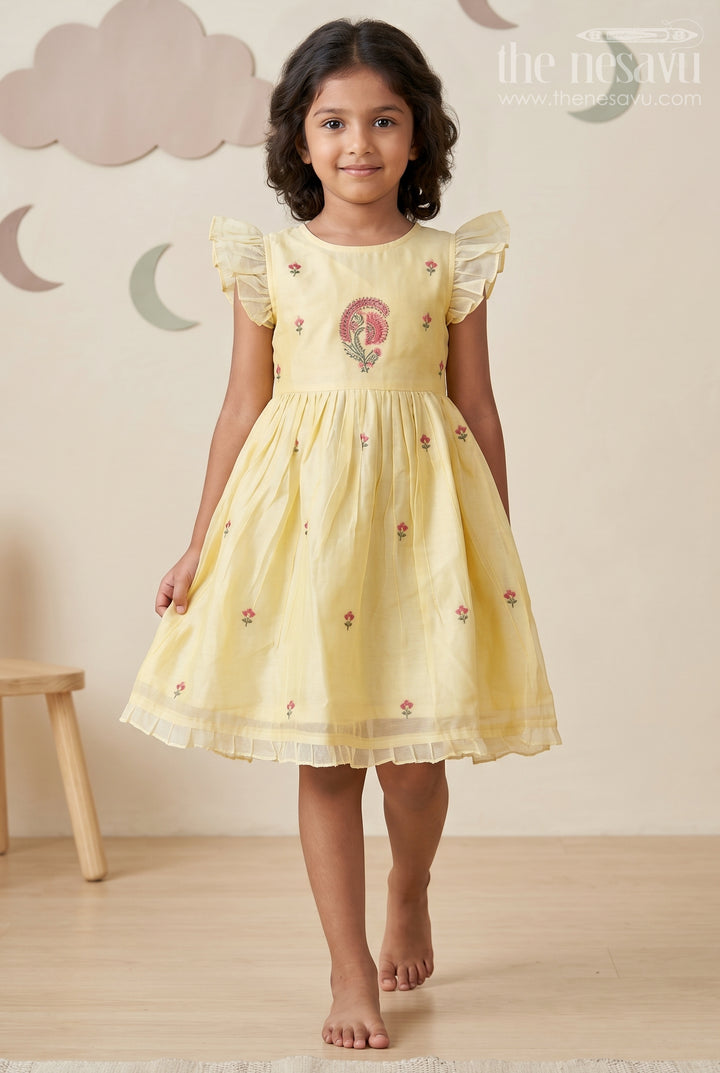 The Nesavu Girls Chanderi Frock Girls Chanderi Frock in Vibrant Colors with Thread Embroidery for Festive Moments Nesavu 16 (1Y) / Yellow GFC1839A-16 Nesavu Yellow Chanderi Cotton Girls Frock Floral Embroidery Ruffled Sleeves Traditional Wear