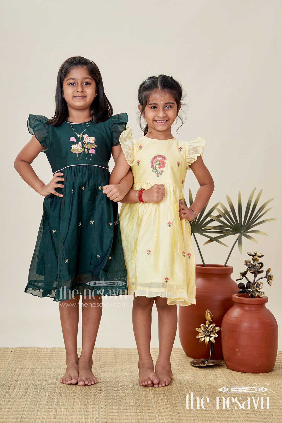 The Nesavu Girls Chanderi Frock Girls Chanderi Frock in Vibrant Colors with Thread Embroidery for Festive Moments Nesavu Nesavu Yellow Chanderi Cotton Girls Frock Floral Embroidery Ruffled Sleeves Traditional Wear