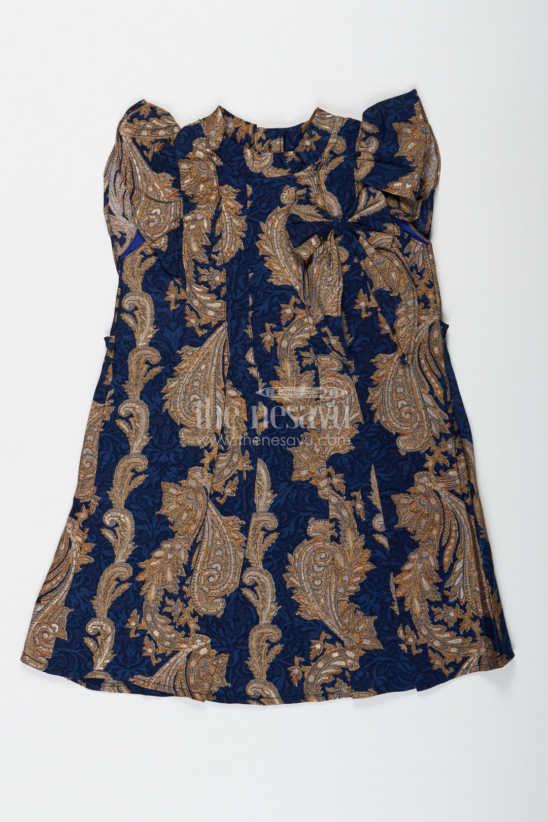 The Nesavu Girls Chanderi Frock Girls Chanderi Frock with Gold and Navy Baroque Designs Perfect for Ethnic Summer Wear for Toddlers and Kids Nesavu 18 (2Y) / Blue GFC1687A-18 Girls Blue Chanderi Frock Gold Baroque Design Ethnic Summer Wear Perfect Kids | The Nesavu