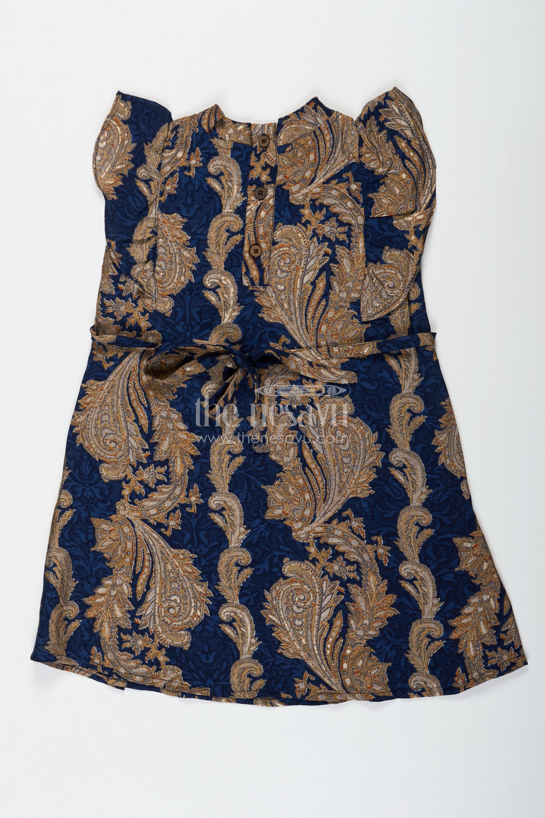 The Nesavu Girls Chanderi Frock Girls Chanderi Frock with Gold and Navy Baroque Designs Perfect for Ethnic Summer Wear for Toddlers and Kids Nesavu Girls Blue Chanderi Frock Gold Baroque Design Ethnic Summer Wear Perfect Kids | The Nesavu