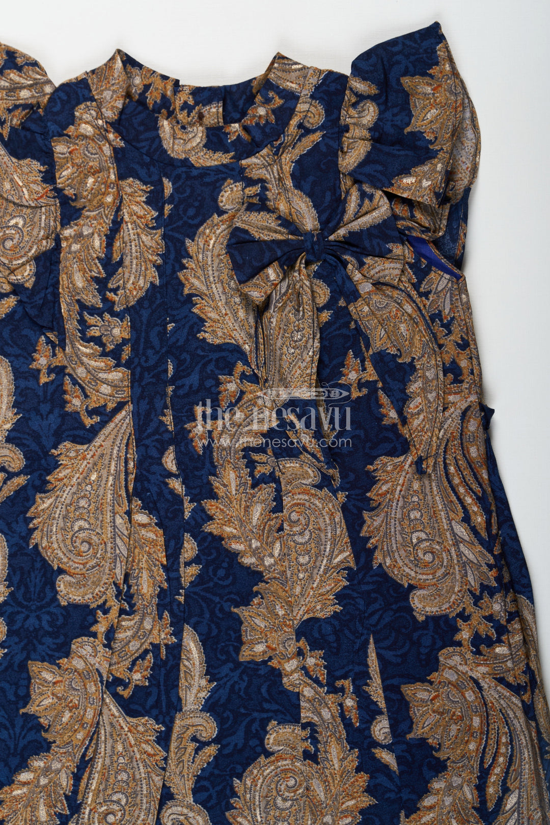 The Nesavu Girls Chanderi Frock Girls Chanderi Frock with Gold and Navy Baroque Designs Perfect for Ethnic Summer Wear for Toddlers and Kids Nesavu Girls Blue Chanderi Frock Gold Baroque Design Ethnic Summer Wear Perfect Kids | The Nesavu