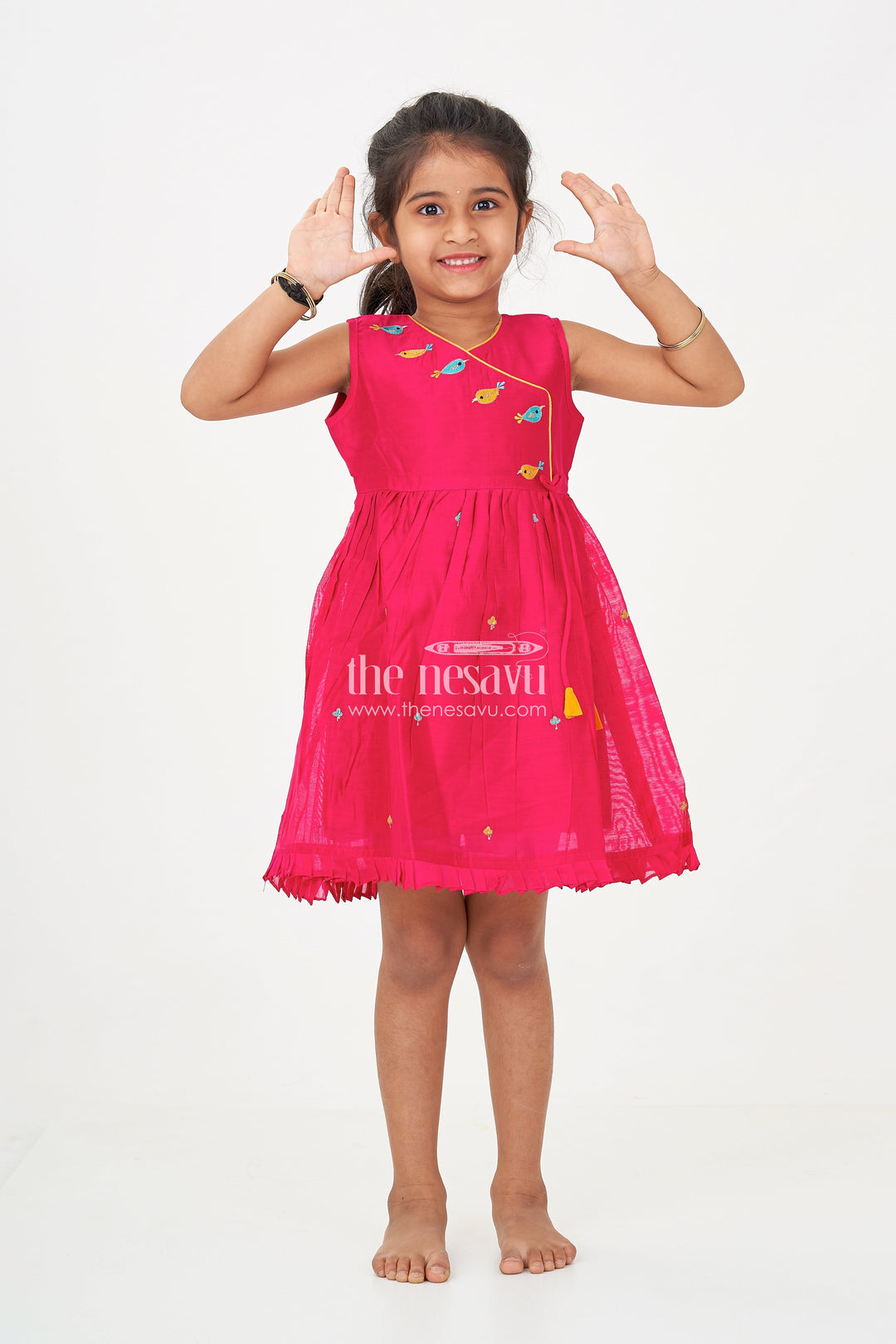 The Nesavu Girls Chanderi Frock Girls Chanderi Red Long Frock with Embroidered Bird Motifs and Flared Skirt for Traditional Charm Nesavu 16 (1Y) / Red GFC1723A-16 Girls Red Long Frock Chanderi Fabric Colorful Bird Embroidery Pleated Skirt | The Nesavu