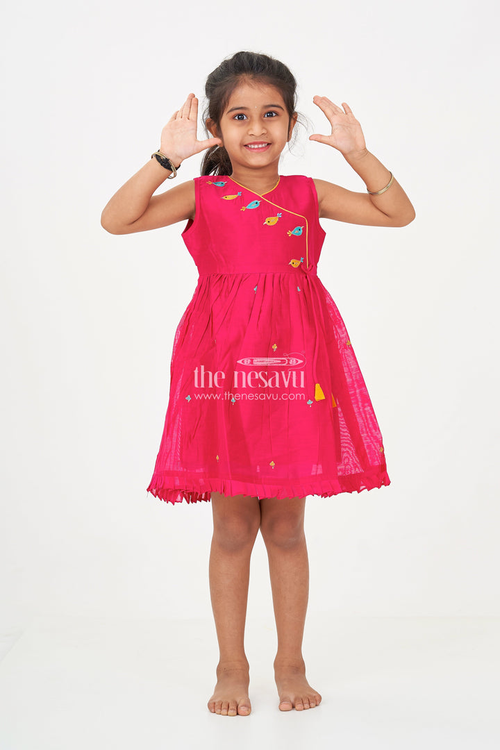 The Nesavu Girls Chanderi Frock Girls Chanderi Red Long Frock with Embroidered Bird Motifs and Flared Skirt for Traditional Charm Nesavu 16 (1Y) / Red GFC1723A-16 Girls Red Long Frock Chanderi Fabric Colorful Bird Embroidery Pleated Skirt | The Nesavu