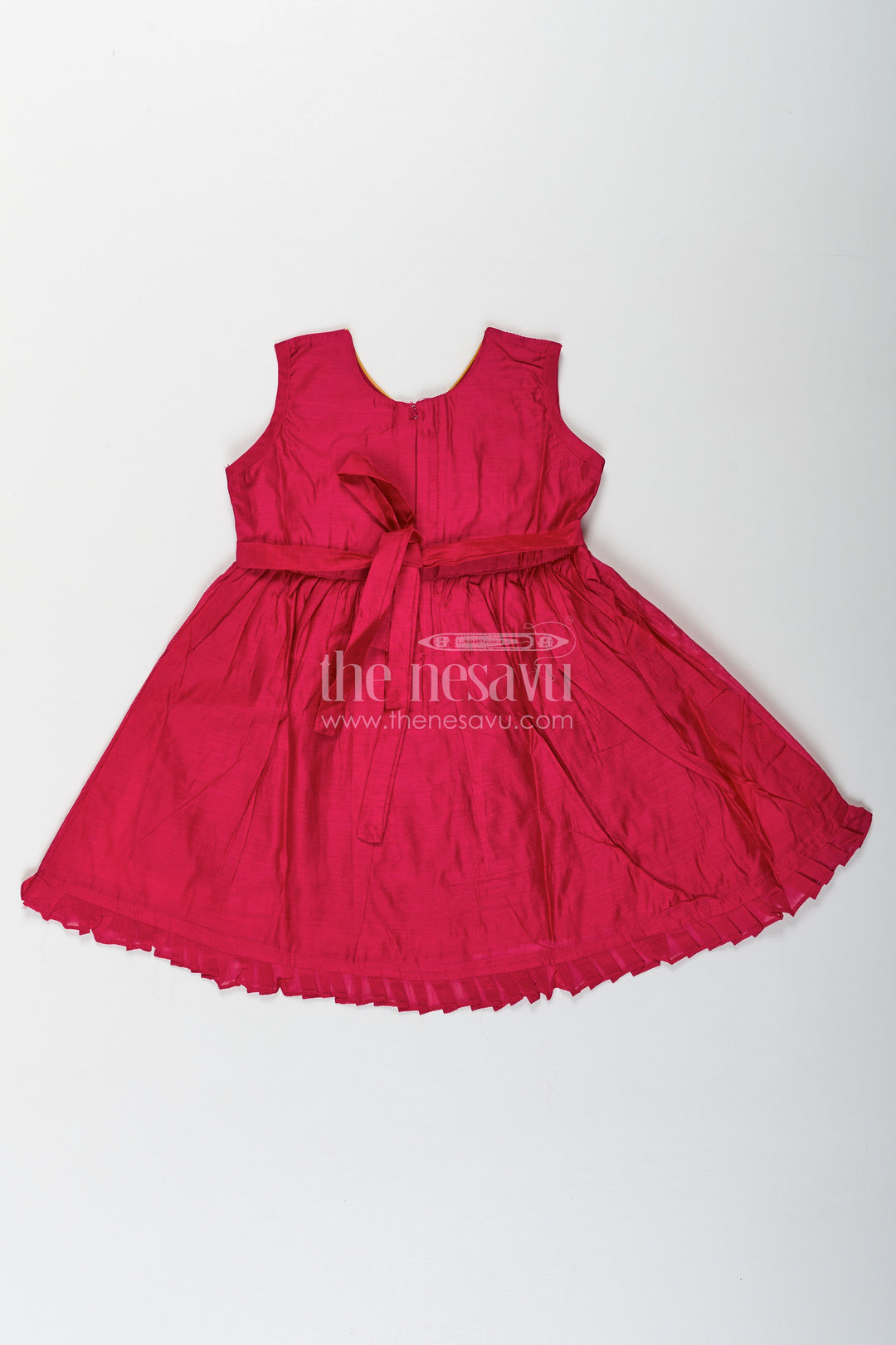 The Nesavu Girls Chanderi Frock Girls Chanderi Red Long Frock with Embroidered Bird Motifs and Flared Skirt for Traditional Charm Nesavu Girls Red Long Frock Chanderi Fabric Colorful Bird Embroidery Pleated Skirt | The Nesavu
