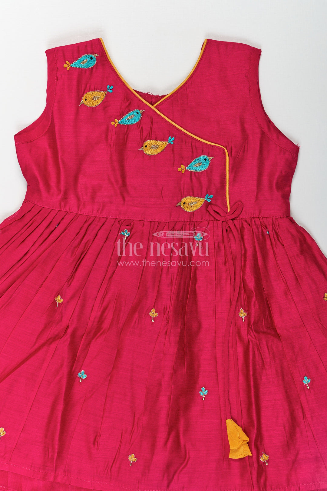 The Nesavu Girls Chanderi Frock Girls Chanderi Red Long Frock with Embroidered Bird Motifs and Flared Skirt for Traditional Charm Nesavu Girls Red Long Frock Chanderi Fabric Colorful Bird Embroidery Pleated Skirt | The Nesavu