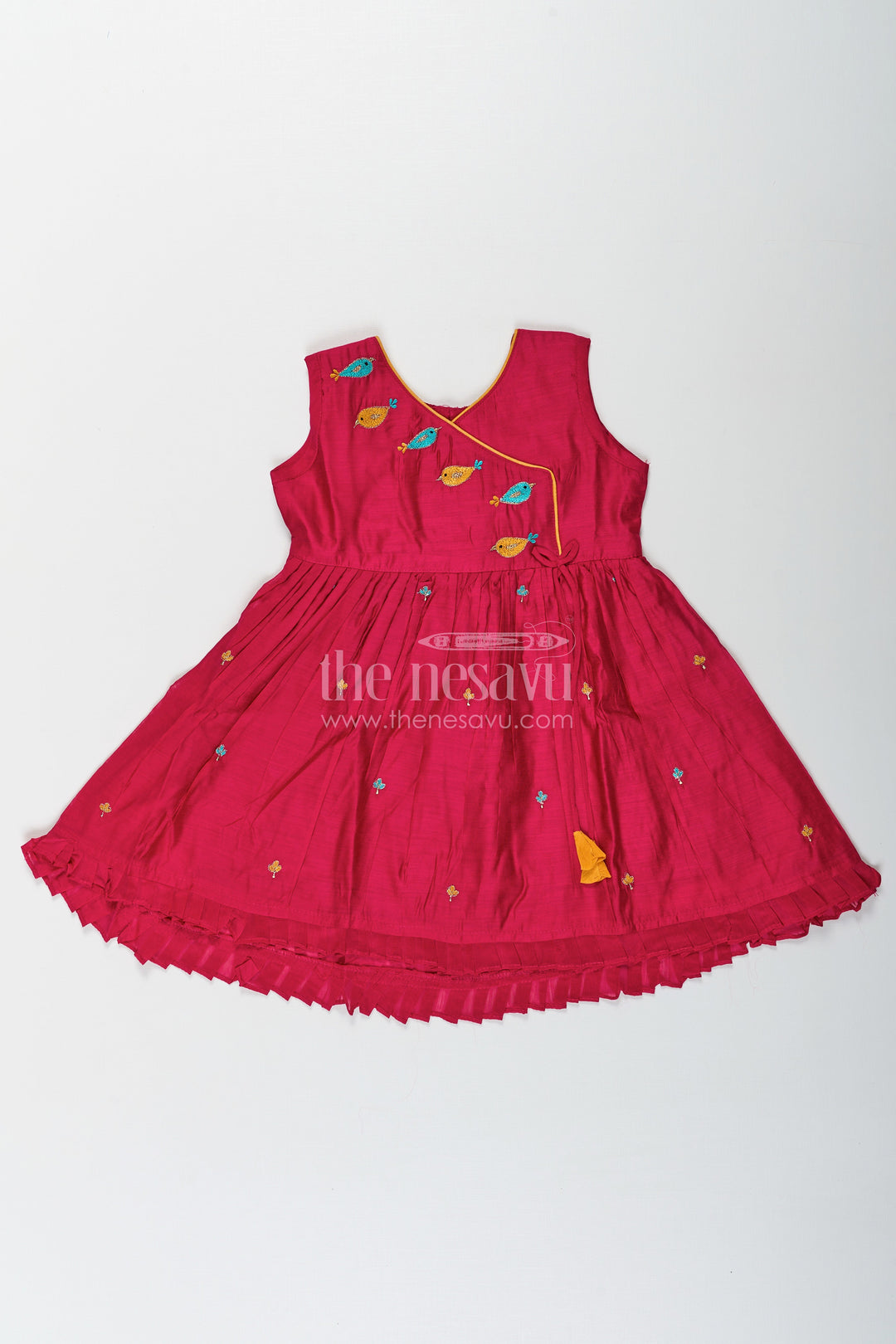 The Nesavu Girls Chanderi Frock Girls Chanderi Red Long Frock with Embroidered Bird Motifs and Flared Skirt for Traditional Charm Nesavu Girls Red Long Frock Chanderi Fabric Colorful Bird Embroidery Pleated Skirt | The Nesavu