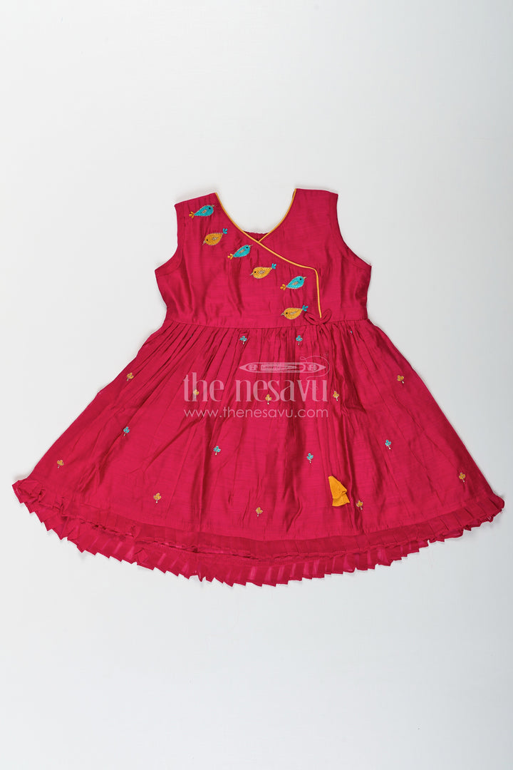 The Nesavu Girls Chanderi Frock Girls Chanderi Red Long Frock with Embroidered Bird Motifs and Flared Skirt for Traditional Charm Nesavu Girls Red Long Frock Chanderi Fabric Colorful Bird Embroidery Pleated Skirt | The Nesavu