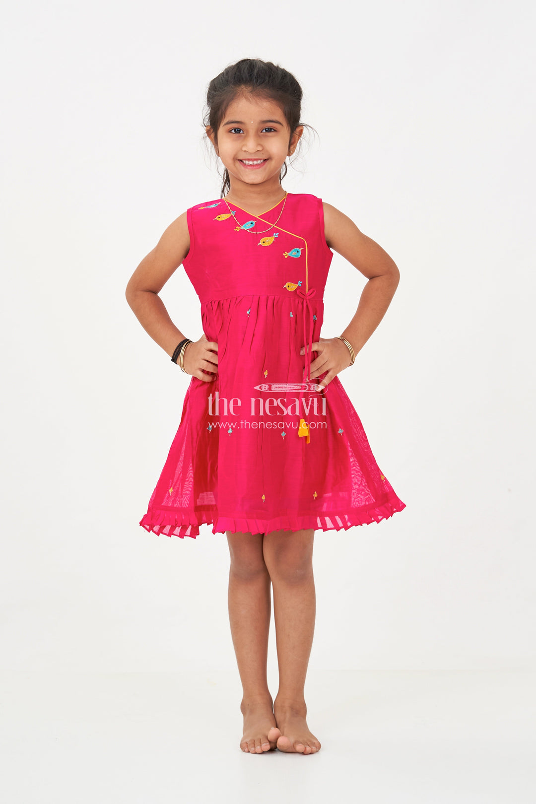 The Nesavu Girls Chanderi Frock Girls Chanderi Red Long Frock with Embroidered Bird Motifs and Flared Skirt for Traditional Charm Nesavu Girls Red Long Frock Chanderi Fabric Colorful Bird Embroidery Pleated Skirt | The Nesavu