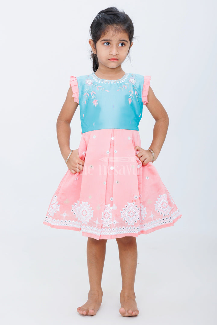 The Nesavu Silk Party Frock Girls Chanderi Silk Party Frock in Blue and Peach with Sleeveless Design and Embroidery Nesavu Nesavu Girls Blue Peach Chanderi Silk Party Frock Embroidery Pleated Skirt