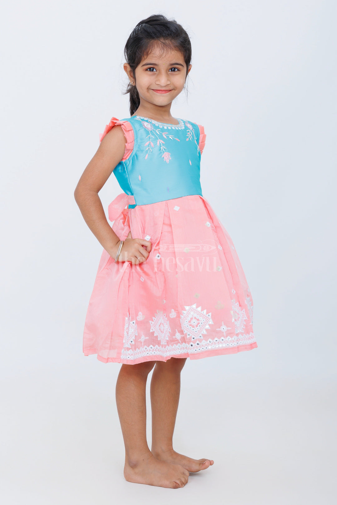 The Nesavu Silk Party Frock Girls Chanderi Silk Party Frock in Blue and Peach with Sleeveless Design and Embroidery Nesavu Nesavu Girls Blue Peach Chanderi Silk Party Frock Embroidery Pleated Skirt