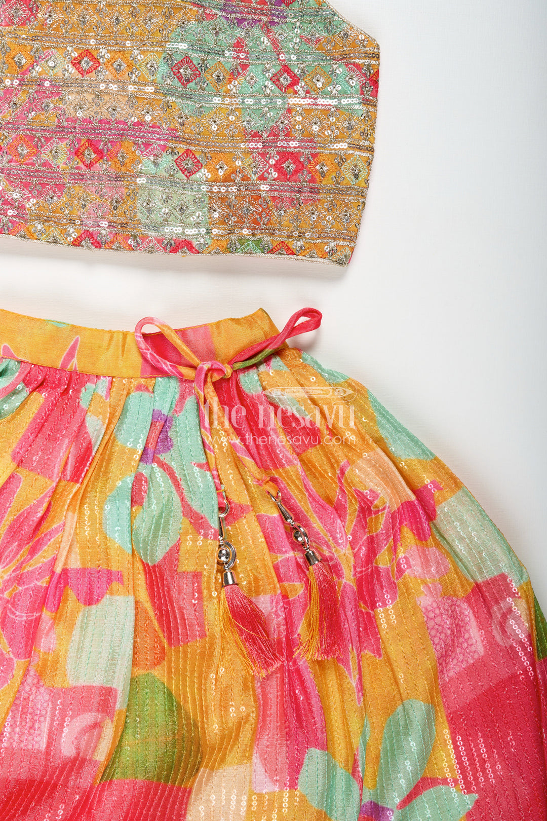The Nesavu Girls Fancy Lehenga Girls Chaniya Choli in Vibrant Georgette Digital Print with Sequins and Multicolor Embroidered Blouse Nesavu Nesavu Multicolor Georgette Girls Chaniya Choli Sequins Embroidery Yellow Dupatta Set