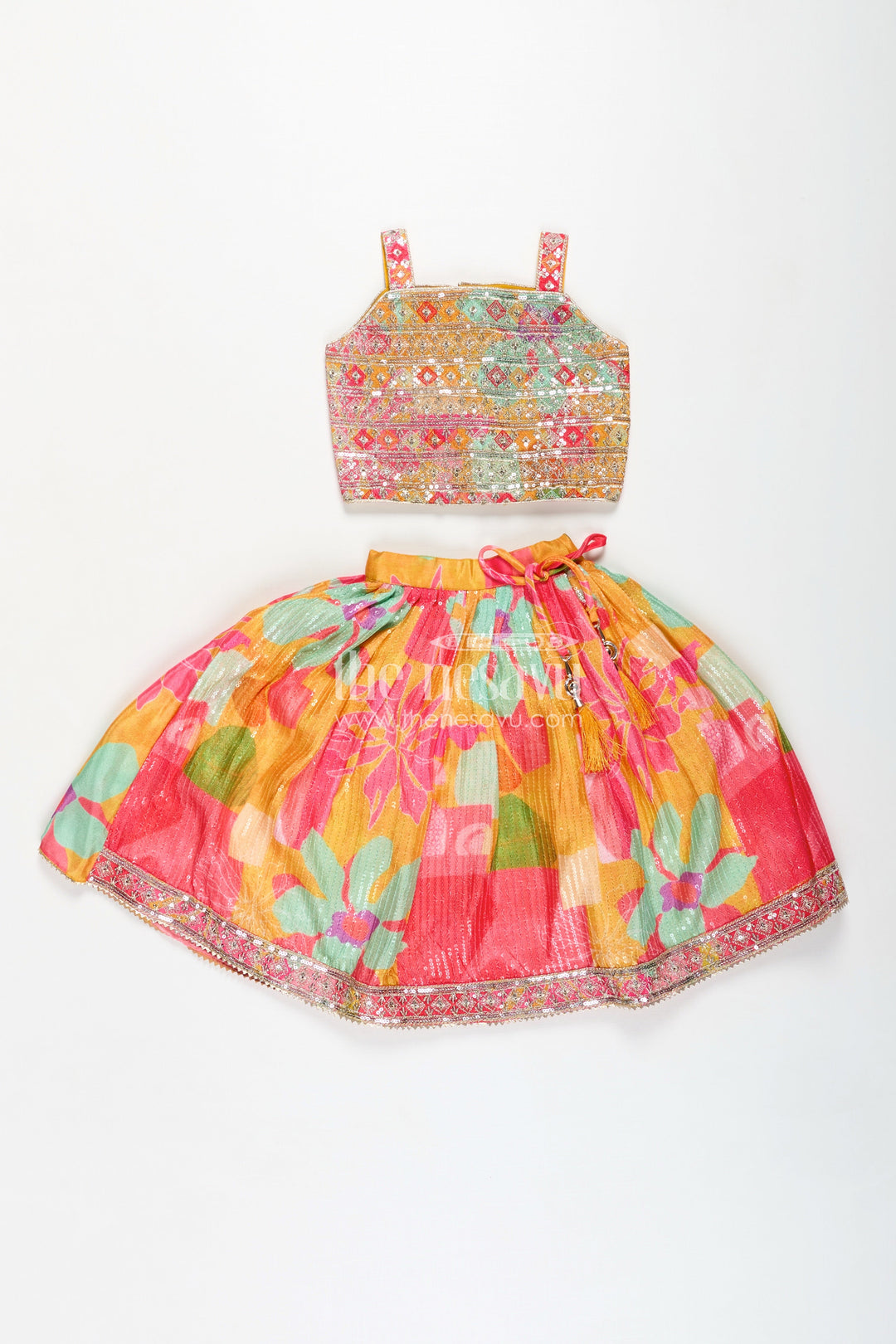The Nesavu Girls Fancy Lehenga Girls Chaniya Choli in Vibrant Georgette Digital Print with Sequins and Multicolor Embroidered Blouse Nesavu Nesavu Multicolor Georgette Girls Chaniya Choli Sequins Embroidery Yellow Dupatta Set
