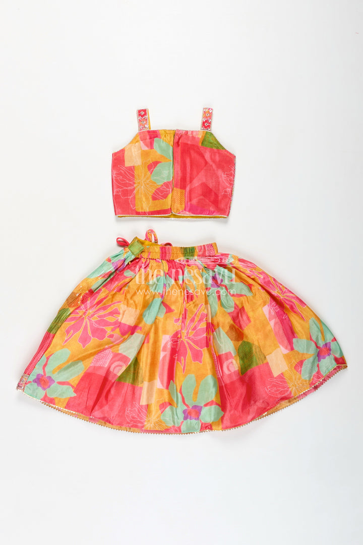 The Nesavu Girls Fancy Lehenga Girls Chaniya Choli in Vibrant Georgette Digital Print with Sequins and Multicolor Embroidered Blouse Nesavu Nesavu Multicolor Georgette Girls Chaniya Choli Sequins Embroidery Yellow Dupatta Set