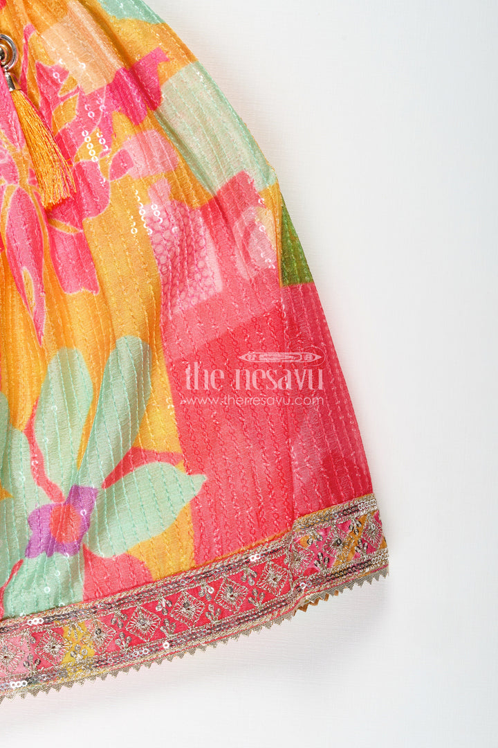 The Nesavu Girls Fancy Lehenga Girls Chaniya Choli in Vibrant Georgette Digital Print with Sequins and Multicolor Embroidered Blouse Nesavu Nesavu Multicolor Georgette Girls Chaniya Choli Sequins Embroidery Yellow Dupatta Set