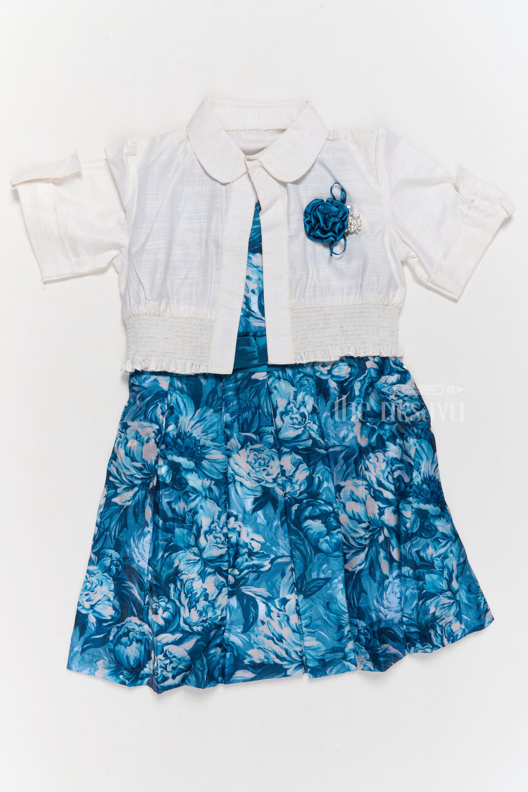 The Nesavu Girls Cotton Frock Girls Chiffon Easter Dress with Blue Floral Satin Skirt and Cropped Shrug Nesavu Girls Chiffon Easter Dress Blue Floral Satin Skirt Cropped Shrug | The Nesavu