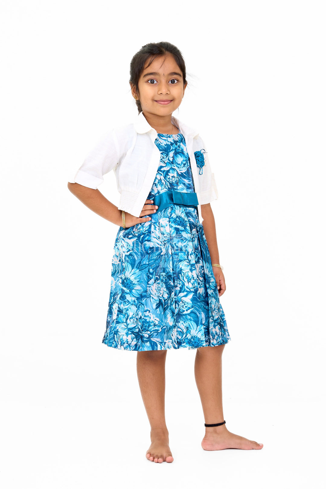 The Nesavu Girls Cotton Frock Girls Chiffon Easter Dress with Blue Floral Satin Skirt and Cropped Shrug Nesavu Girls Chiffon Easter Dress Blue Floral Satin Skirt Cropped Shrug | The Nesavu