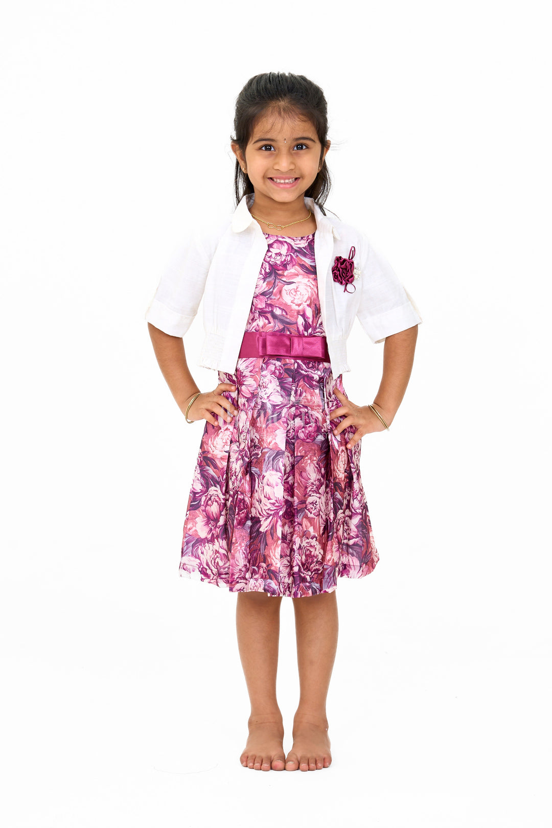 The Nesavu Girls Cotton Frock Girls Chiffon Evening Dress with Floral Satin Skirt and Cropped Shrug Nesavu 20 (3Y) / Maroon GFC1560A-20 Nesavu Girls Chiffon Evening Dress Satin Floral Skirt Cropped Shrug