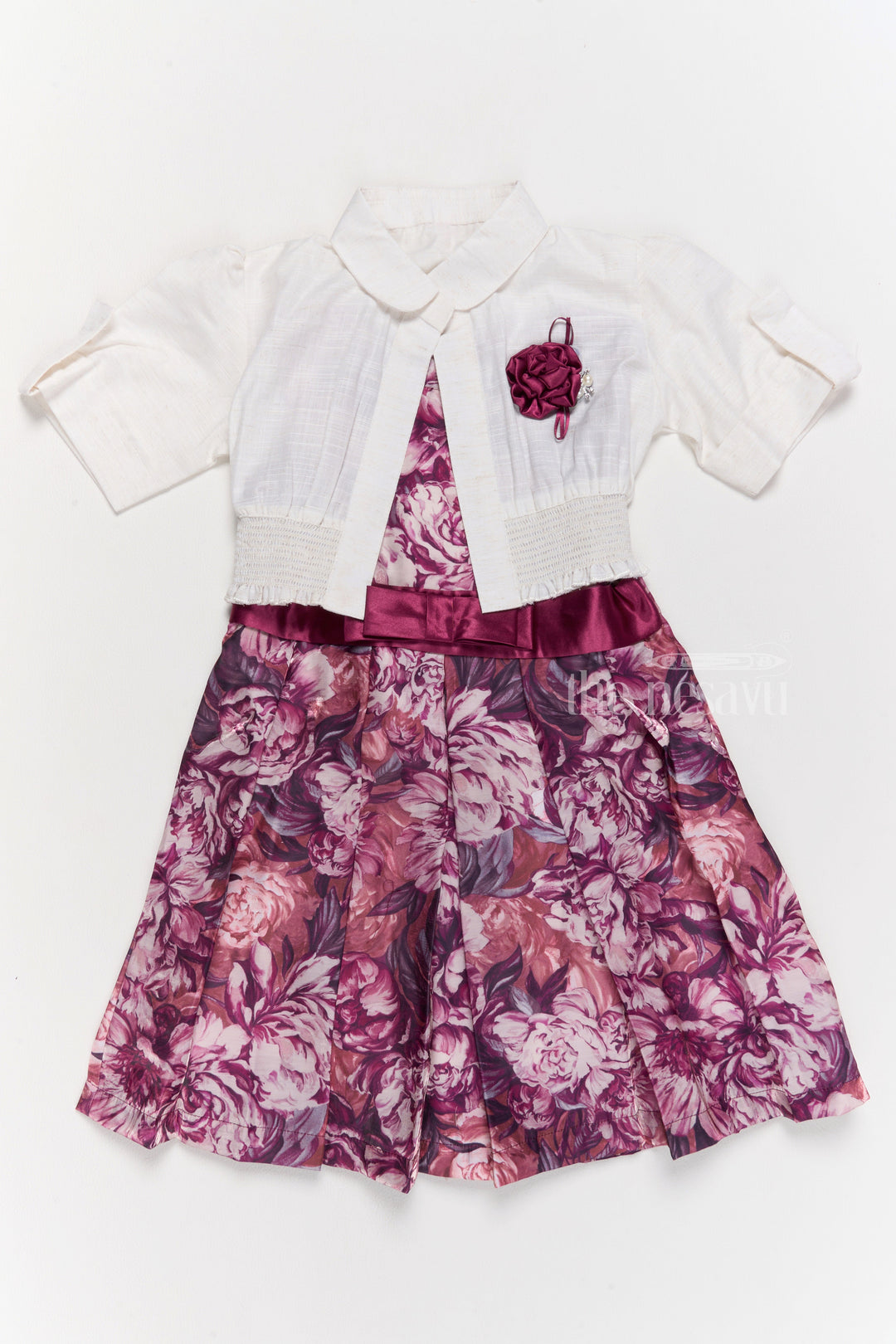 The Nesavu Girls Cotton Frock Girls Chiffon Evening Dress with Floral Satin Skirt and Cropped Shrug Nesavu Girls Chiffon Evening Dress Satin Floral Skirt Cropped Shrug | The Nesavu