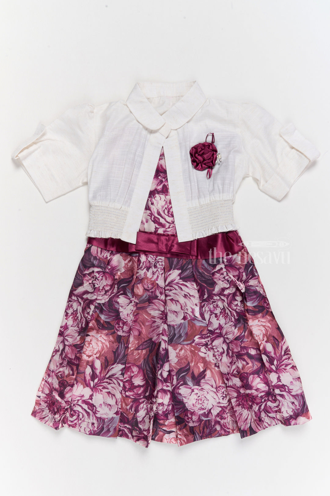 The Nesavu Girls Cotton Frock Girls Chiffon Evening Dress with Floral Satin Skirt and Cropped Shrug Nesavu Girls Chiffon Evening Dress Satin Floral Skirt Cropped Shrug | The Nesavu