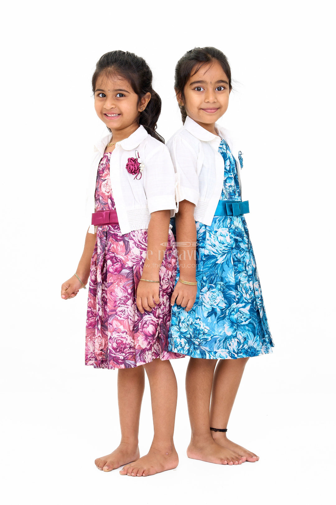 The Nesavu Girls Cotton Frock Girls Chiffon Evening Dress with Floral Satin Skirt and Cropped Shrug Nesavu Girls Chiffon Evening Dress Satin Floral Skirt Cropped Shrug | The Nesavu