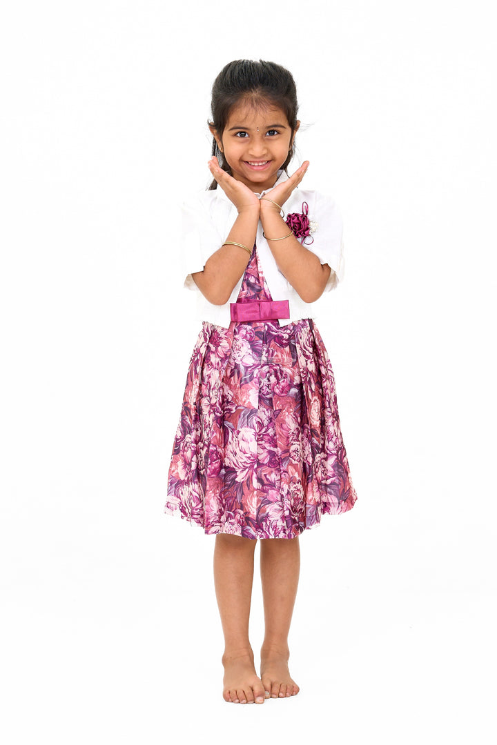 The Nesavu Girls Cotton Frock Girls Chiffon Evening Dress with Floral Satin Skirt and Cropped Shrug Nesavu Girls Chiffon Evening Dress Satin Floral Skirt Cropped Shrug | The Nesavu