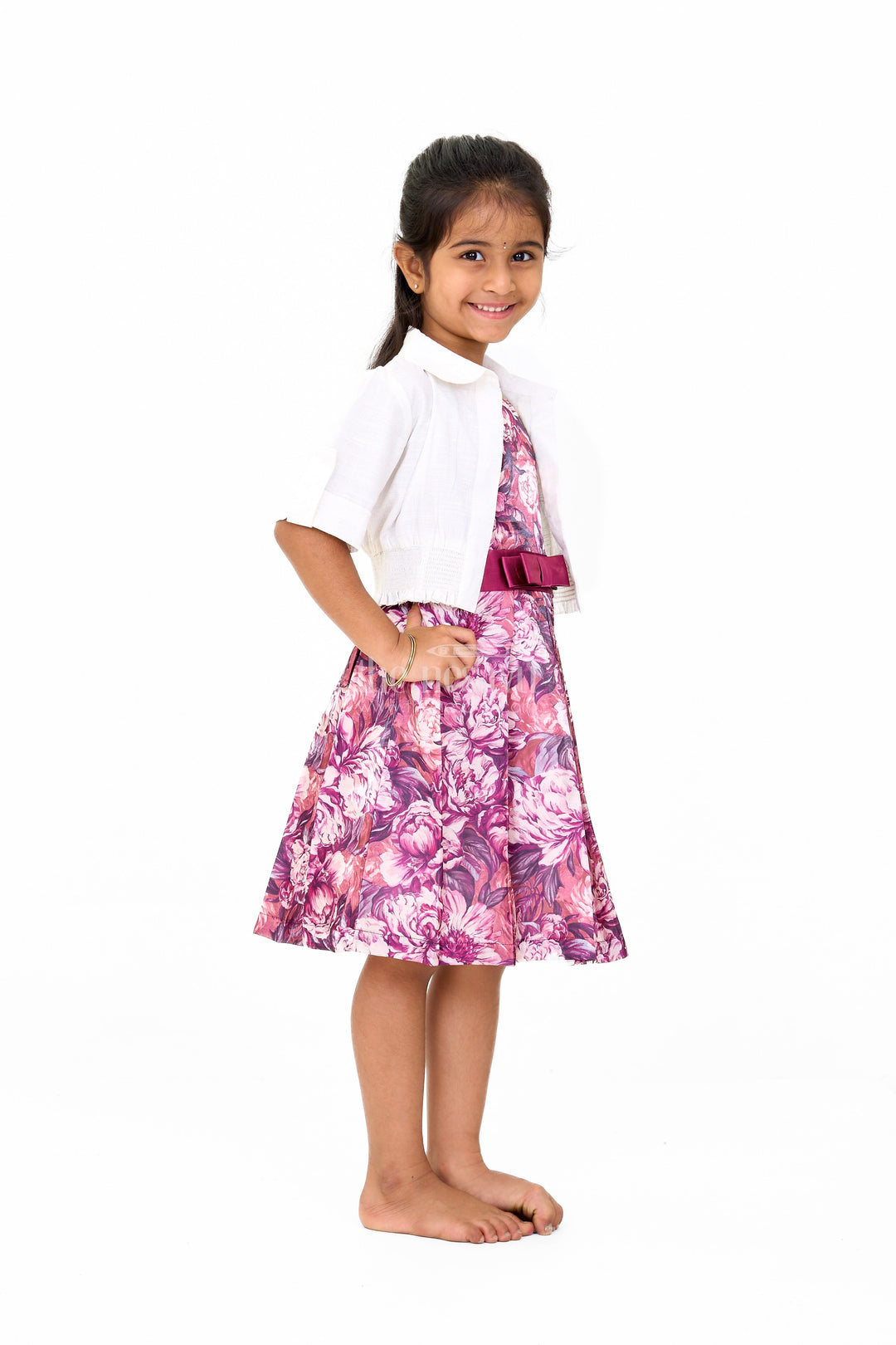 The Nesavu Girls Cotton Frock Girls Chiffon Evening Dress with Floral Satin Skirt and Cropped Shrug Nesavu Girls Chiffon Evening Dress Satin Floral Skirt Cropped Shrug | The Nesavu