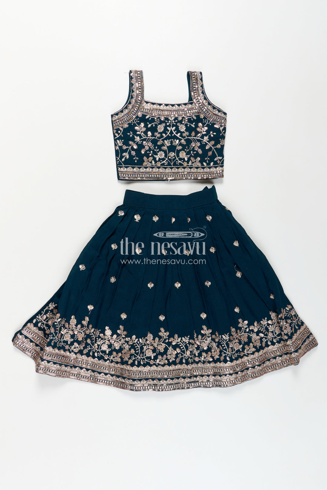 The Nesavu Girls Lehenga Choli Girls Chinon Silk Dresses for Wedding Function in Deep Green with Embroidered Blouse and Flared Lehenga Nesavu 16 (1Y) / Green GL639B-16 Girls Dresses Wedding Function Green Chinon Silk Lehenga Choli Heavy Embroidery | The Nesavu