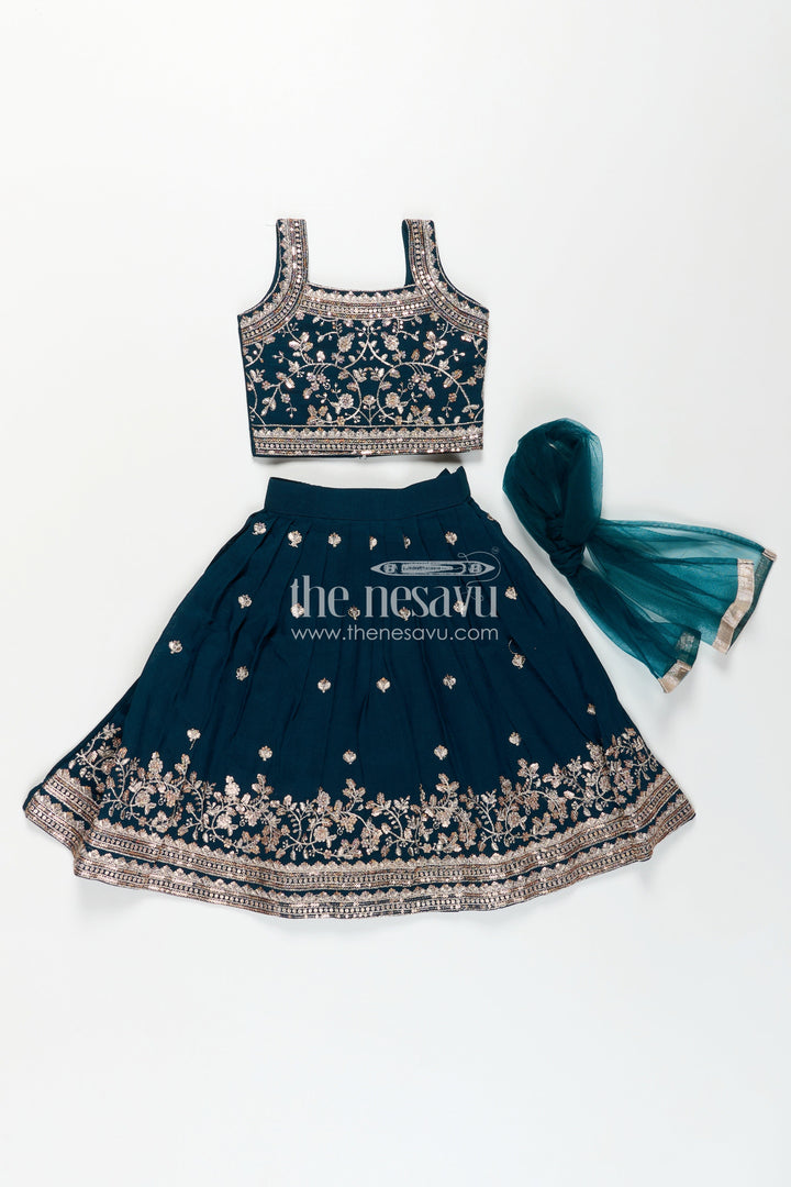 The Nesavu Girls Lehenga Choli Girls Chinon Silk Dresses for Wedding Function in Deep Green with Embroidered Blouse and Flared Lehenga Nesavu Girls Dresses Wedding Function Green Chinon Silk Lehenga Choli Heavy Embroidery | The Nesavu