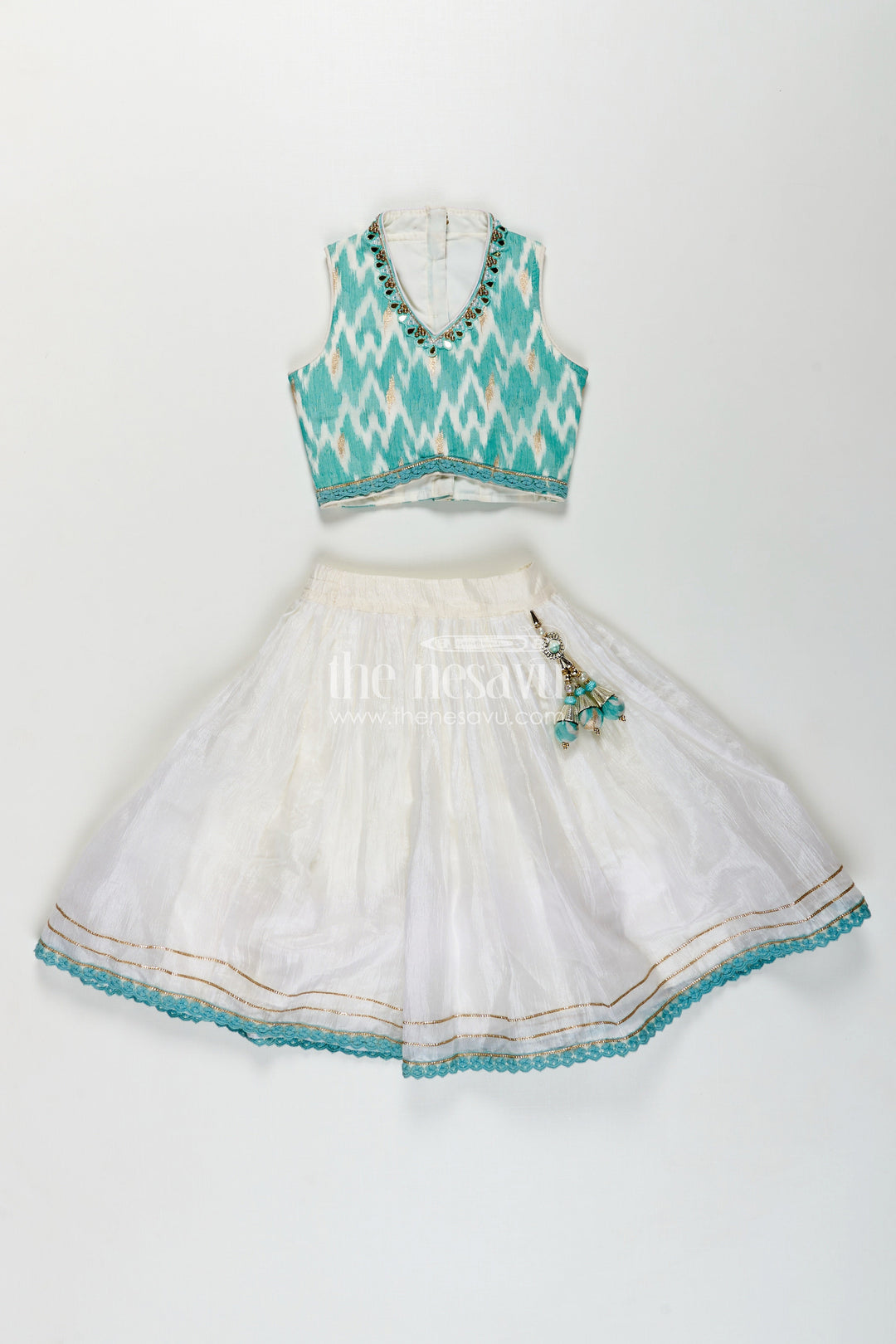 The Nesavu Girls Lehenga Choli Girls Chinon Silk Latest Collection Lehenga Choli in Aqua Blue with Mirror Embroidery and Dupatta Nesavu Latest Collection Girls Chinon Silk Lehenga Choli Aqua Blue Mirror Embroidery Dupatta | The Nesavu
