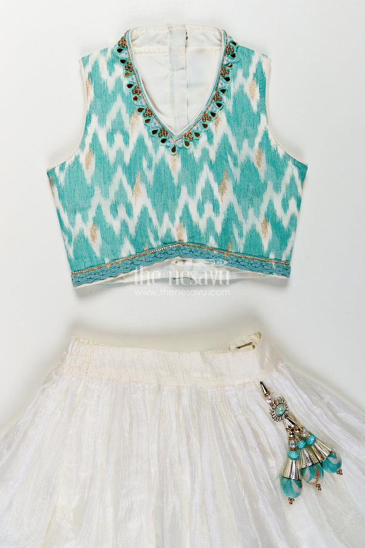 The Nesavu Girls Lehenga Choli Girls Chinon Silk Latest Collection Lehenga Choli in Aqua Blue with Mirror Embroidery and Dupatta Nesavu Latest Collection Girls Chinon Silk Lehenga Choli Aqua Blue Mirror Embroidery Dupatta | The Nesavu