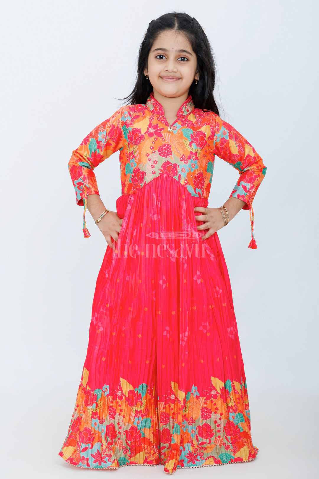 The Nesavu Girls Party Gown Girls Chinon Silk Party Gown with Vibrant Pleated Skirt and Floral Design Nesavu 18 (2Y) / Red GA260A-18 Nesavu Girls Chinon Silk Gown Vibrant Pleated Skirt Floral Pattern Special Occasions