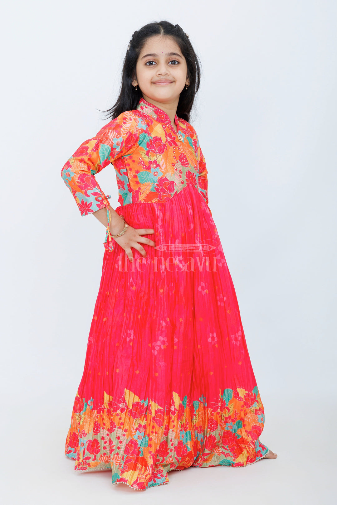 The Nesavu Girls Party Gown Girls Chinon Silk Party Gown with Vibrant Pleated Skirt and Floral Design Nesavu Nesavu Girls Chinon Silk Gown Vibrant Pleated Skirt Floral Pattern Special Occasions