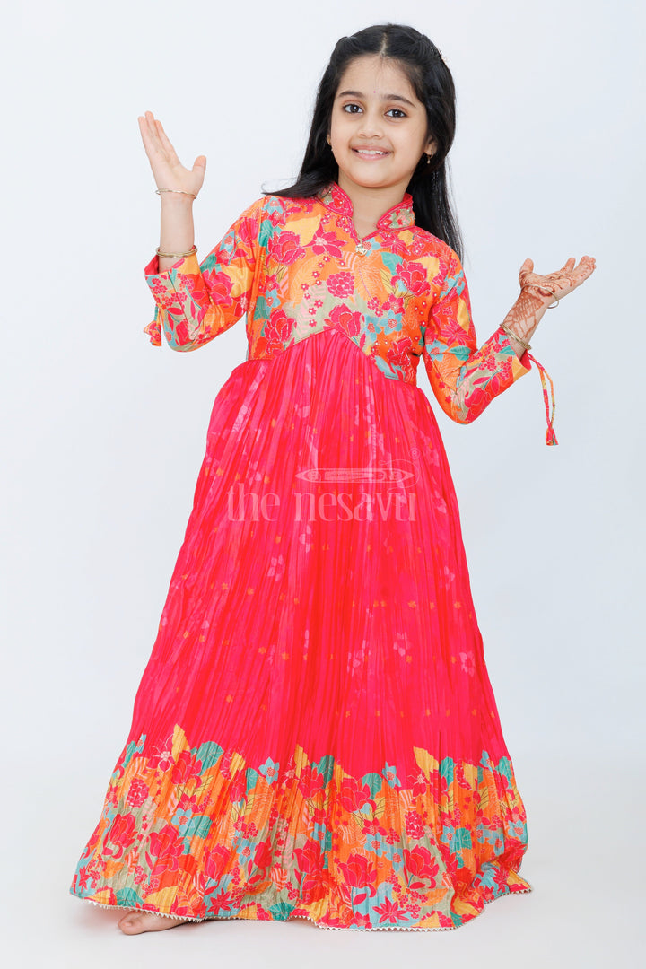 The Nesavu Girls Party Gown Girls Chinon Silk Party Gown with Vibrant Pleated Skirt and Floral Design Nesavu Nesavu Girls Chinon Silk Gown Vibrant Pleated Skirt Floral Pattern Special Occasions