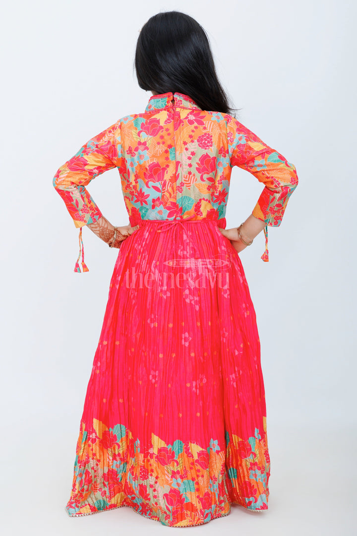 The Nesavu Girls Party Gown Girls Chinon Silk Party Gown with Vibrant Pleated Skirt and Floral Design Nesavu Nesavu Girls Chinon Silk Gown Vibrant Pleated Skirt Floral Pattern Special Occasions