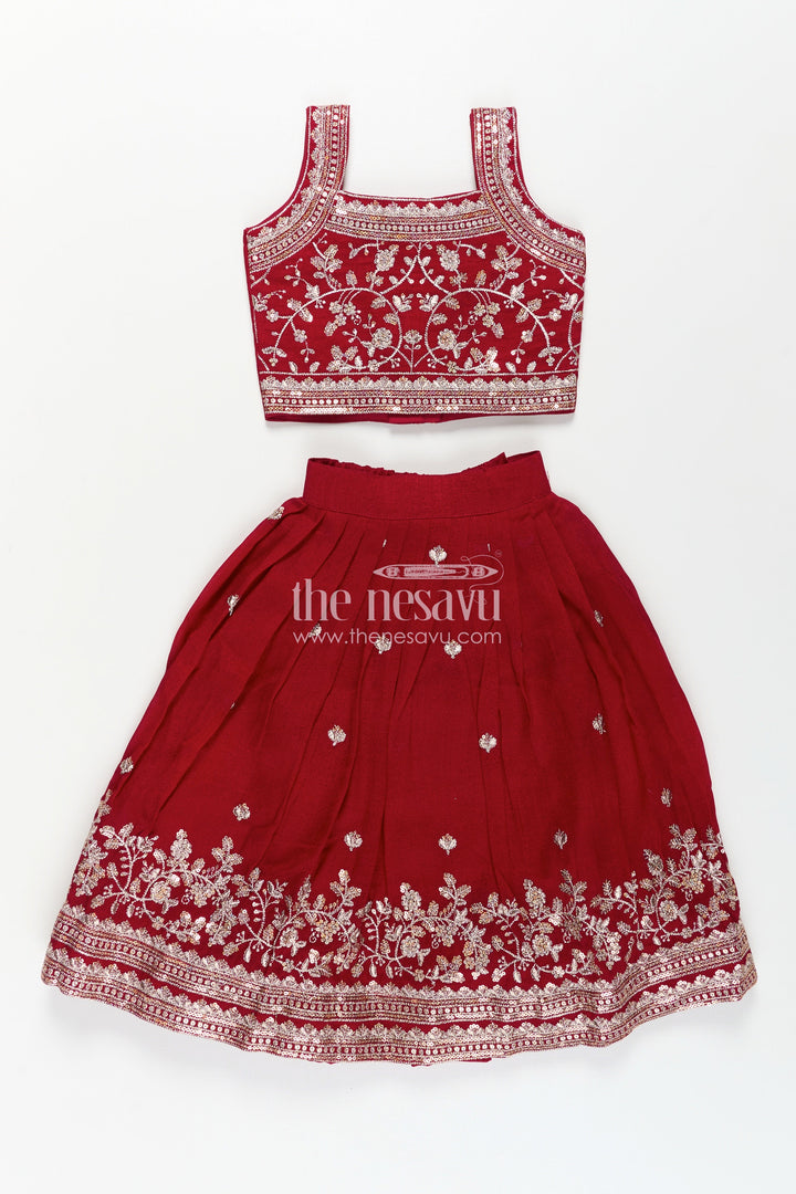 The Nesavu Girls Lehenga Choli Girls Chinon Silk Party Wear Dresses Maroon Lehenga Choli Set with Embroidered Blouse and Dupatta Nesavu 16 (1Y) / Red GL639A-16 Girls Party Wear Dresses Maroon Chinon Silk Lehenga Choli Designer Embroidery Dupatta | The Nesavu