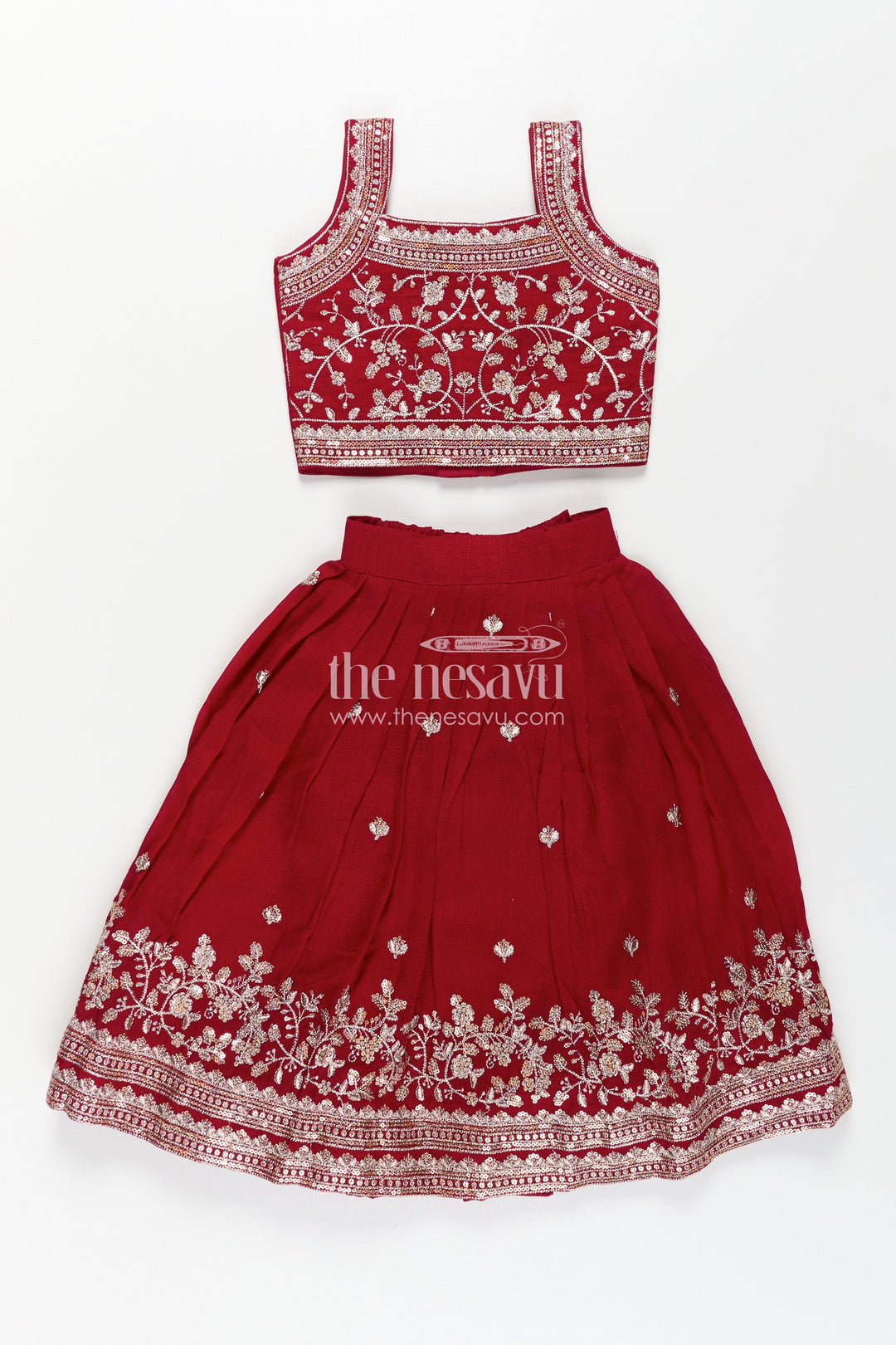 The Nesavu Girls Lehenga Choli Girls Chinon Silk Party Wear Dresses Maroon Lehenga Choli Set with Embroidered Blouse and Dupatta Nesavu 18 (2Y) / Red GL639A-18 Girls Party Wear Dresses Maroon Chinon Silk Lehenga Choli Designer Embroidery Dupatta | The Nesavu