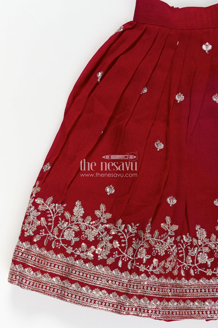 The Nesavu Girls Lehenga Choli Girls Chinon Silk Party Wear Dresses Maroon Lehenga Choli Set with Embroidered Blouse and Dupatta Nesavu Girls Party Wear Dresses Maroon Chinon Silk Lehenga Choli Designer Embroidery Dupatta | The Nesavu