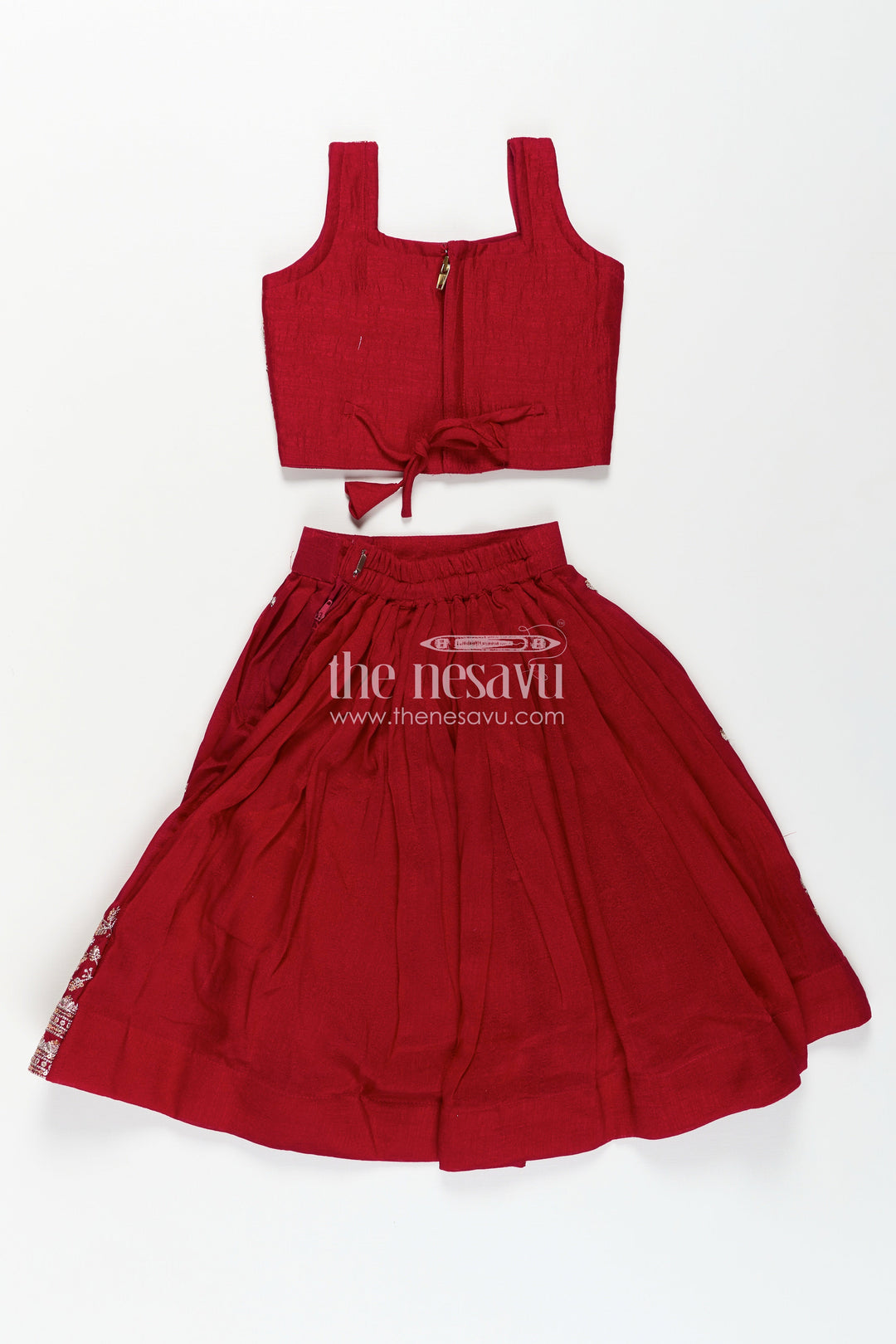 The Nesavu Girls Lehenga Choli Girls Chinon Silk Party Wear Dresses Maroon Lehenga Choli Set with Embroidered Blouse and Dupatta Nesavu Girls Party Wear Dresses Maroon Chinon Silk Lehenga Choli Designer Embroidery Dupatta | The Nesavu