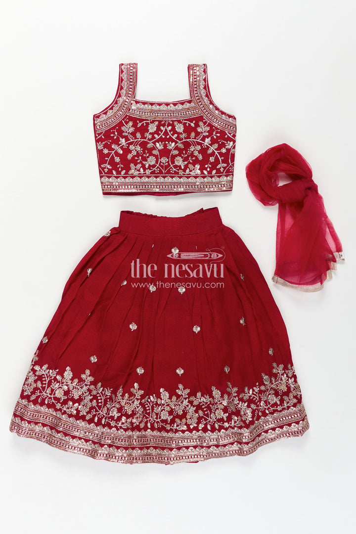 The Nesavu Girls Lehenga Choli Girls Chinon Silk Party Wear Dresses Maroon Lehenga Choli Set with Embroidered Blouse and Dupatta Nesavu Girls Party Wear Dresses Maroon Chinon Silk Lehenga Choli Designer Embroidery Dupatta | The Nesavu