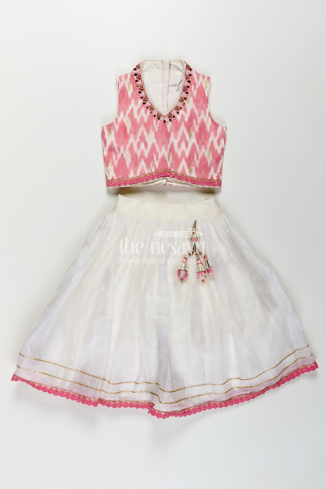 The Nesavu Girls Lehenga Choli Girls Chinon Silk Stylish Party Wear Dresses Lehenga Choli in Pink with Mirror Embroidery and Tassels Nesavu 16 (1Y) / Pink GL638B-16 Stylish Party Wear Dresses Chinon Silk Lehenga Choli Pink Mirror Embroidery Girls | The Nesavu