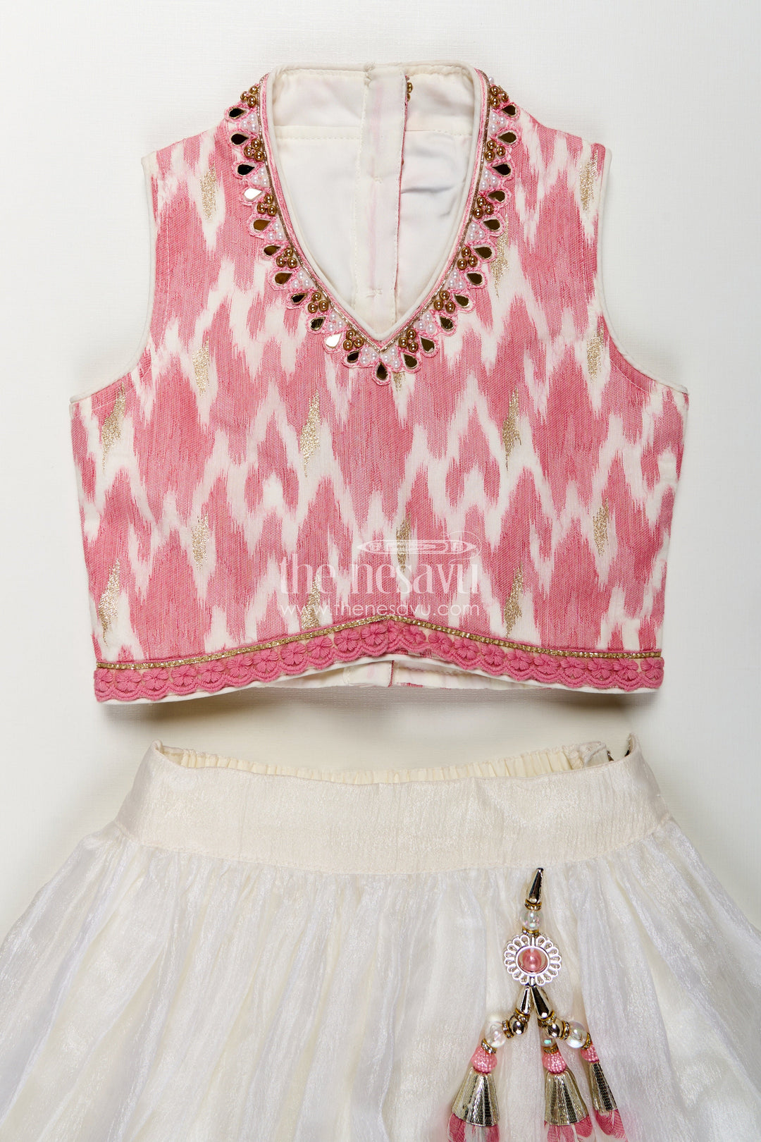 The Nesavu Girls Lehenga Choli Girls Chinon Silk Stylish Party Wear Dresses Lehenga Choli in Pink with Mirror Embroidery and Tassels Nesavu Stylish Party Wear Dresses Chinon Silk Lehenga Choli Pink Mirror Embroidery Girls | The Nesavu